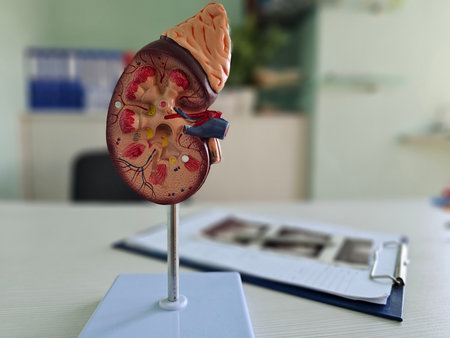 Detailed anatomical model of a human kidney displayed on a desk in a medical office with anatomical...