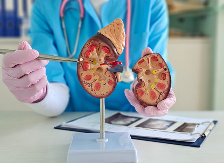 Medical professional demonstrates kidney anatomy using a model in a clinical setting during an...
