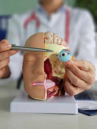 A health care professional points to specific areas of a model of the brain while holding an eye...