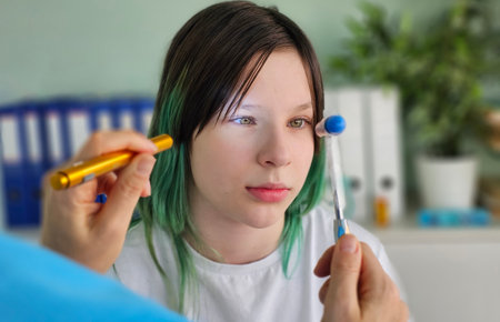 Neurologist shines flashlight and hammer on the eyes of a teenage patient in clinic close-up....