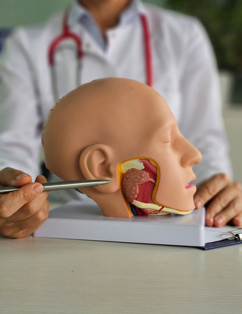 Healthcare professional demonstrates anatomy using a model of a human head in a medical office...