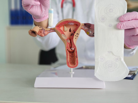 Medical professional demonstrates anatomy of female reproductive system with menstrual product in educational settingの写真素材