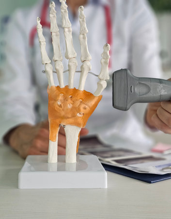 Doctor examines anatomical hand model using a scanning device during a medical consultationの写真素材