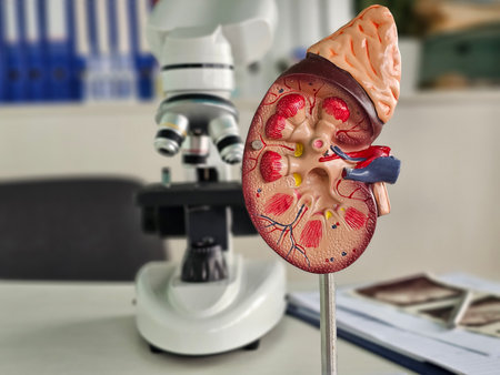Educational display of a kidney model beside a microscope in a laboratory environment