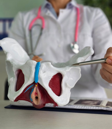 Detailed examination of a pelvic model by a healthcare professional in a clinical settingの写真素材