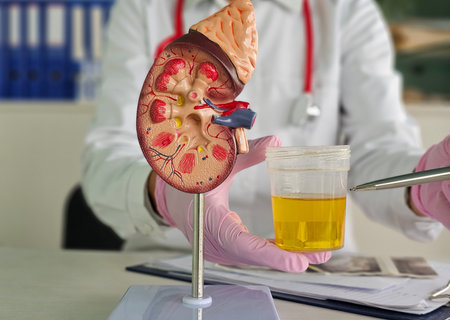 Detailed anatomy model of a kidney alongside a urine sample in a medical examination settingの写真素材
