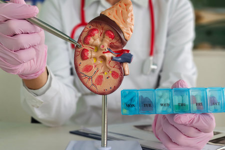 Medical professional demonstrating kidney anatomy and medication management using a model and pill...