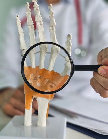 Detailed examination of a hand model with a magnifying glass in a medical settingの写真素材