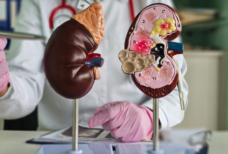 Medical professional examines kidney models to explain anatomy and function of organs during a...