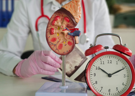 Medical professional examining a kidney model and a clock during a health consultation at a clinicの写真素材