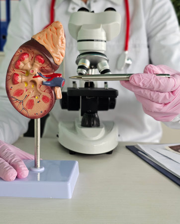 Medical professional examines kidney model under microscope in laboratory setting