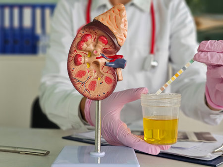 Doctor makes an express urine test using indicator paper in clinic closeupの写真素材