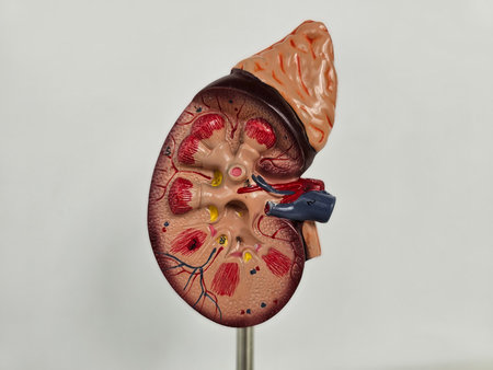 Detailed anatomical model of a human kidney showing internal structure and blood vessels