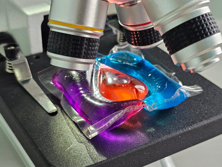 Colorful gel capsules under microscope showcasing intricate details and textures in a laboratory...