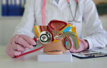 Medical professional examining anatomical model of male reproductive system in clinical settingの写真素材