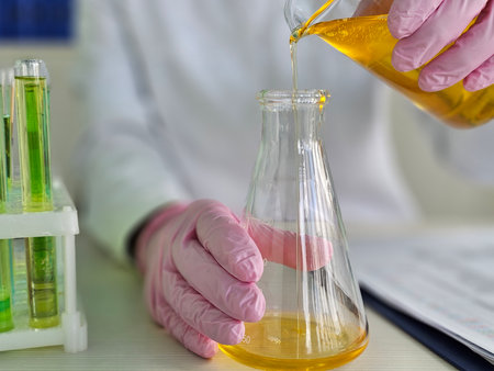 Chemistry experiment involving liquid transfer to a flask in a lab setting during daylight hoursの写真素材