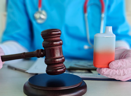 Anti-vaping legislation, e-cigarette smoking ban and conceptual idea of anti-vaping legislation with judge gavel, vape device, e-liquid bottleの写真素材