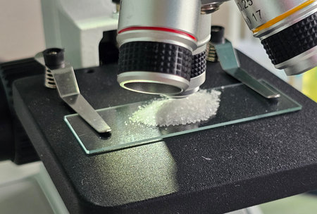 Microscope examining crystalline substance on glass slide in laboratory setting during daytime