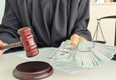 Judge uses gavel in courtroom setting with medical tools representing legal-medical casesの写真素材