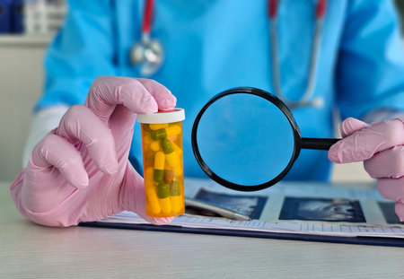 Medical professional examines medication prescription using magnifying glass in a clinical settingの写真素材