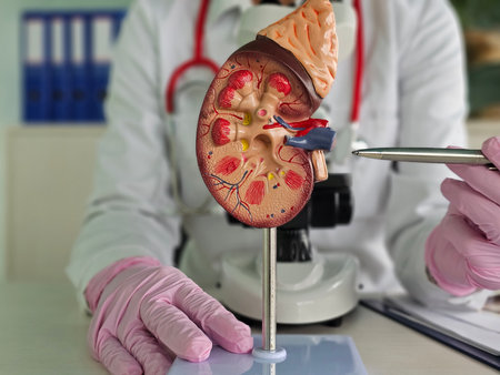 Detailed kidney model displayed by a healthcare professional in a laboratory setting