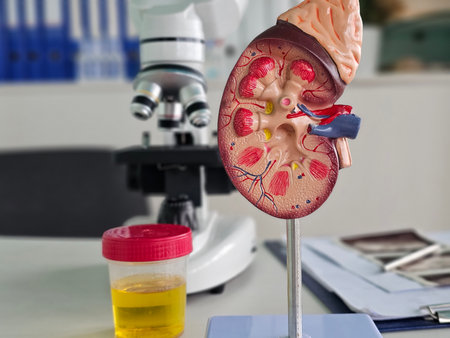 Detailed kidney model in a laboratory setting with microscope and urine sample for educational purposesの写真素材