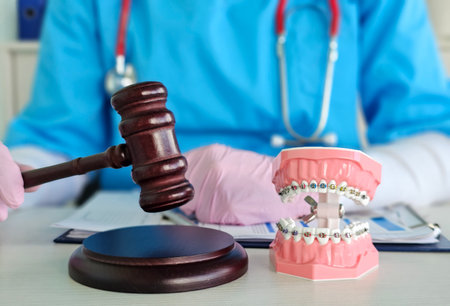 Legal professional discusses orthodontic cases while holding a gavel and a dental model in a...