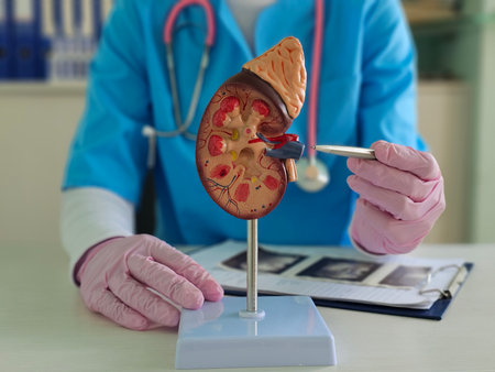 Medical professional demonstrates kidney model with focus on anatomical details and function in a clinical settingの写真素材