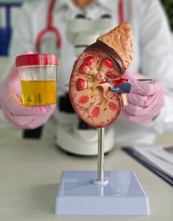Detailed study of kidney anatomy with urine sample and microscope in a laboratory setting