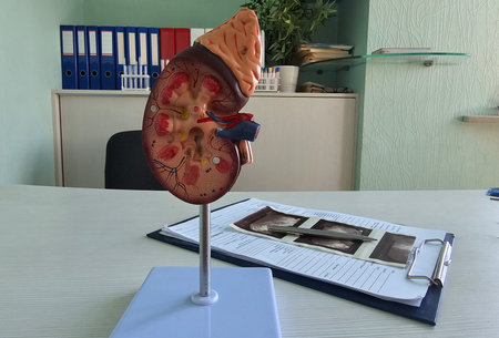 Educational model of a human kidney displayed in a medical office setting
