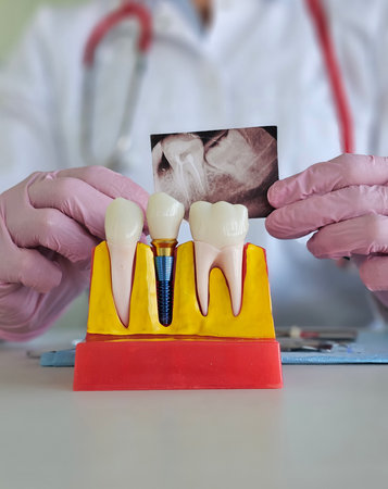 Dental professional demonstrates dental implant procedure using model and X-ray image in clinic settingの写真素材