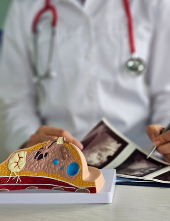 Mammologist examines photographs of a woman breasts and ultrasound results. The concept of breast diseaseの写真素材