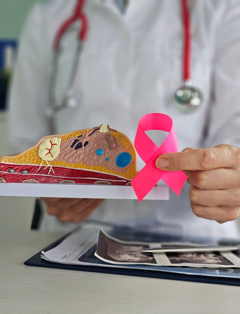 Gynecologist holds a pink ribbon as a symbol of breast cancer awareness. Cancer researchの写真素材