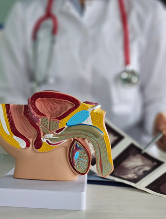 Doctors counseling patients with prostate cancer and using a penis model to show patients with prostate cancer Prostate cancer treatment conceptsの写真素材