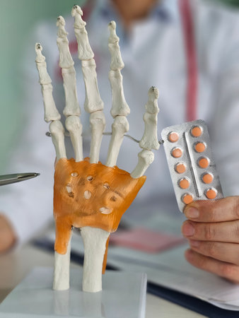 Medical professional holding a hand model and medication in consultation at a clinicの写真素材