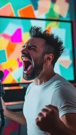 Performer expresses intense emotions while singing in a colorful studio setting during an evening sessionの素材