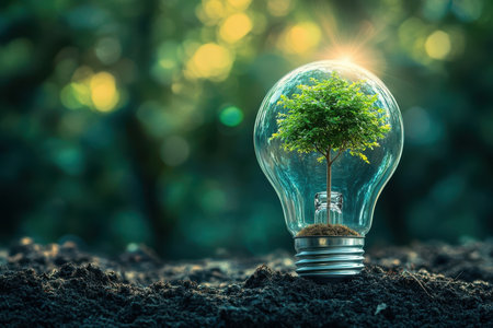 Light bulb with tree inside symbolizes eco-friendly innovation in sustainable living and green technologyの素材