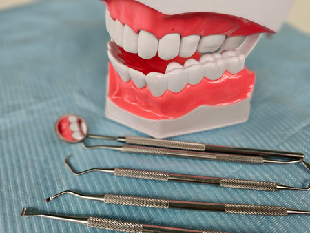 Dental tools and model of human mouth displayed on a blue cloth at a dental office for educational purposesの写真素材