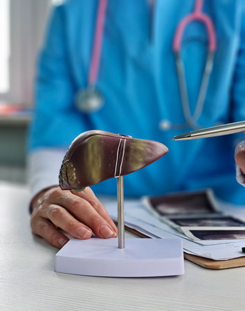 Medical professional discusses liver model during training session with focus on anatomy and health educationの写真素材