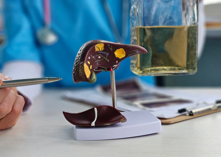 A human liver model in a medical facility demonstrates anatomy and health indicators and alcoholの写真素材