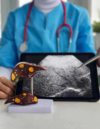 Doctor analyzing liver model with ultrasound display in medical facilityの写真素材