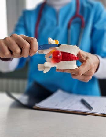 Healthcare professional demonstrates spine model manipulation during patient consultation in clinic settingの写真素材