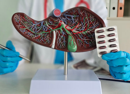 Detailed model of human liver held by a medical professional in a clinic setting, showing anatomy and health educationの写真素材
