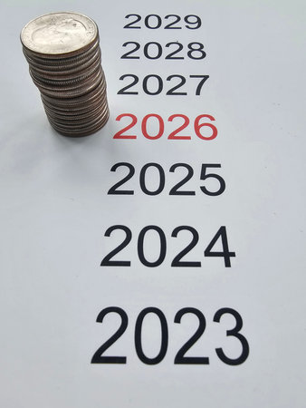 Stacked coins besides years showing the progression from 2023 to 2029 with a focus on 2026