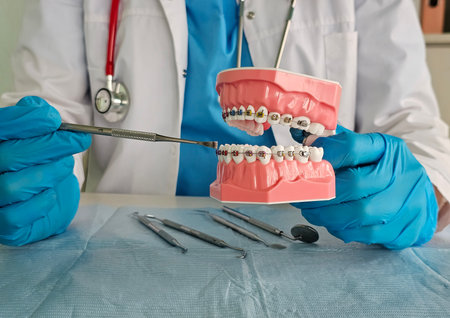 Dental professional demonstrating braces adjustment on a dental model in a clinic settingの写真素材