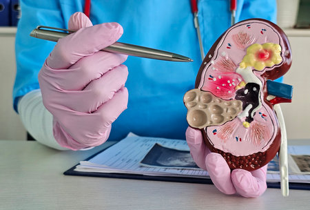 Medical professional explaining kidney model in clinical setting during educational session with...