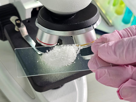 Scientist examines crystal structure of sugar under a microscope at a laboratoryの写真素材