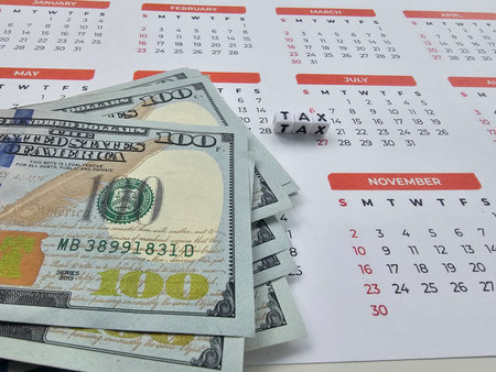 Money and tax calendar highlights display important financial planning for the yearの写真素材