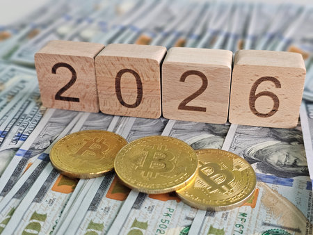 Coins and currency represent the future of finance in 2026 with Bitcoin and cash on display