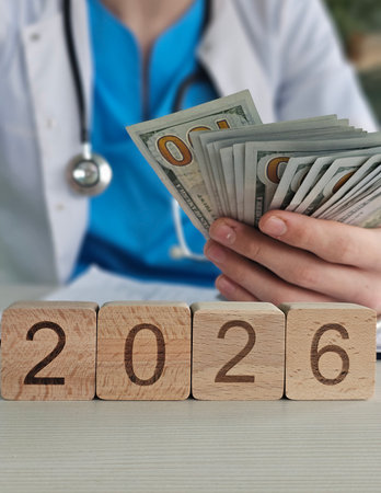 Health professional counting cash while looking towards 2026 financial goals